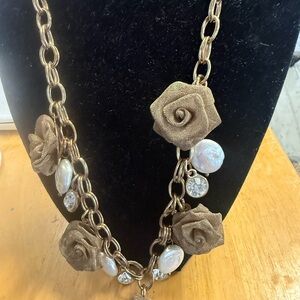 Gold-Tone Floral Rose Necklace with Pearl and Crystal Accents